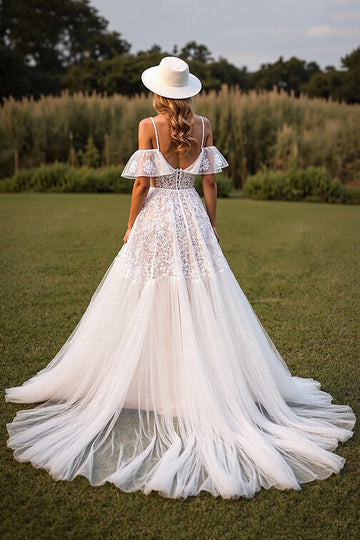 Lace Cold Shoulder Corset White Wedding Dress